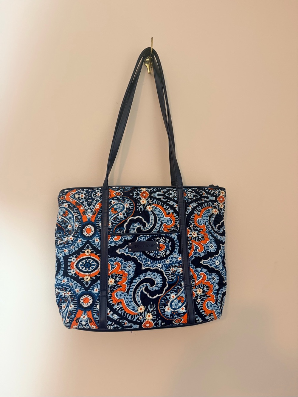 Vera Bradley Navy Paisley Quilted Tote with Orange Accents